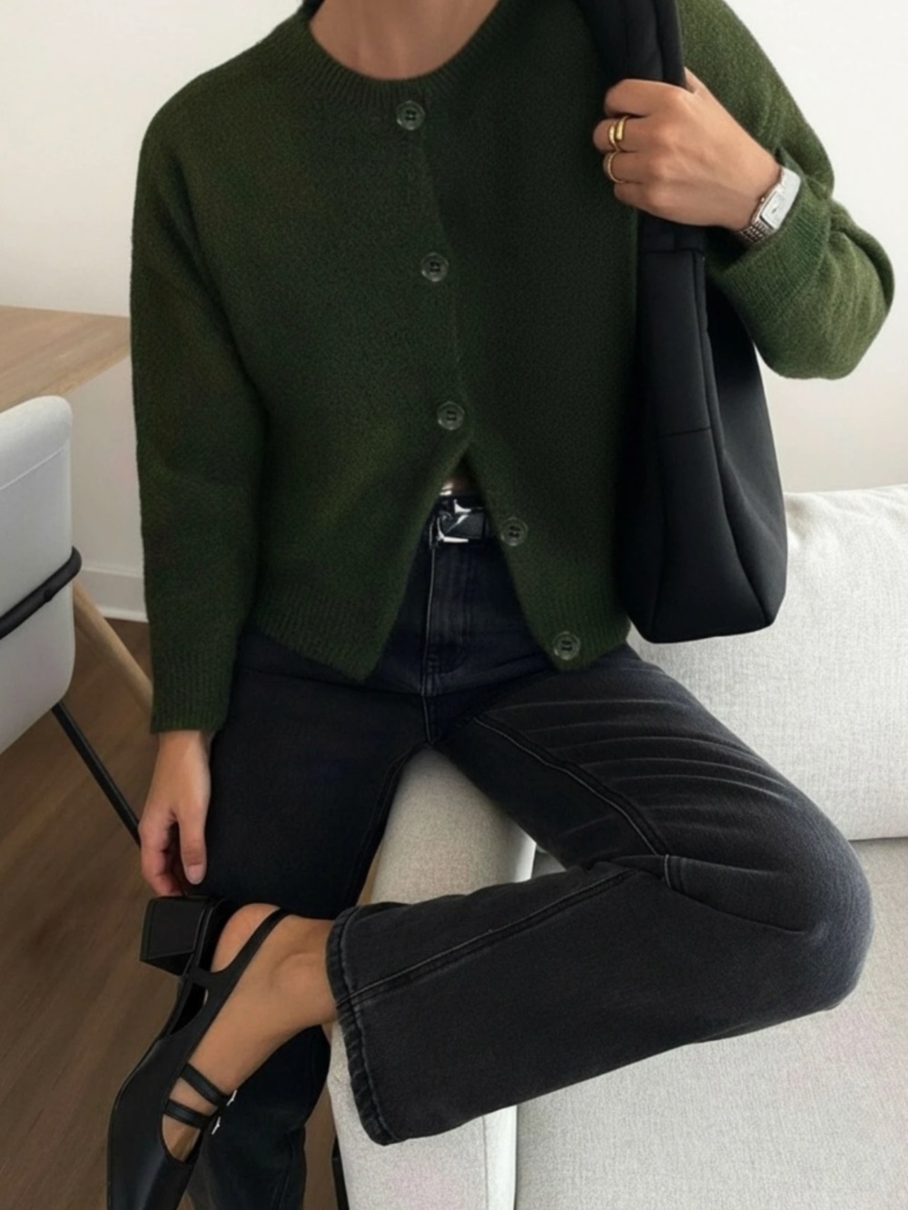 Green Knit Button Through Cardigan Round Neck Long Sleeve